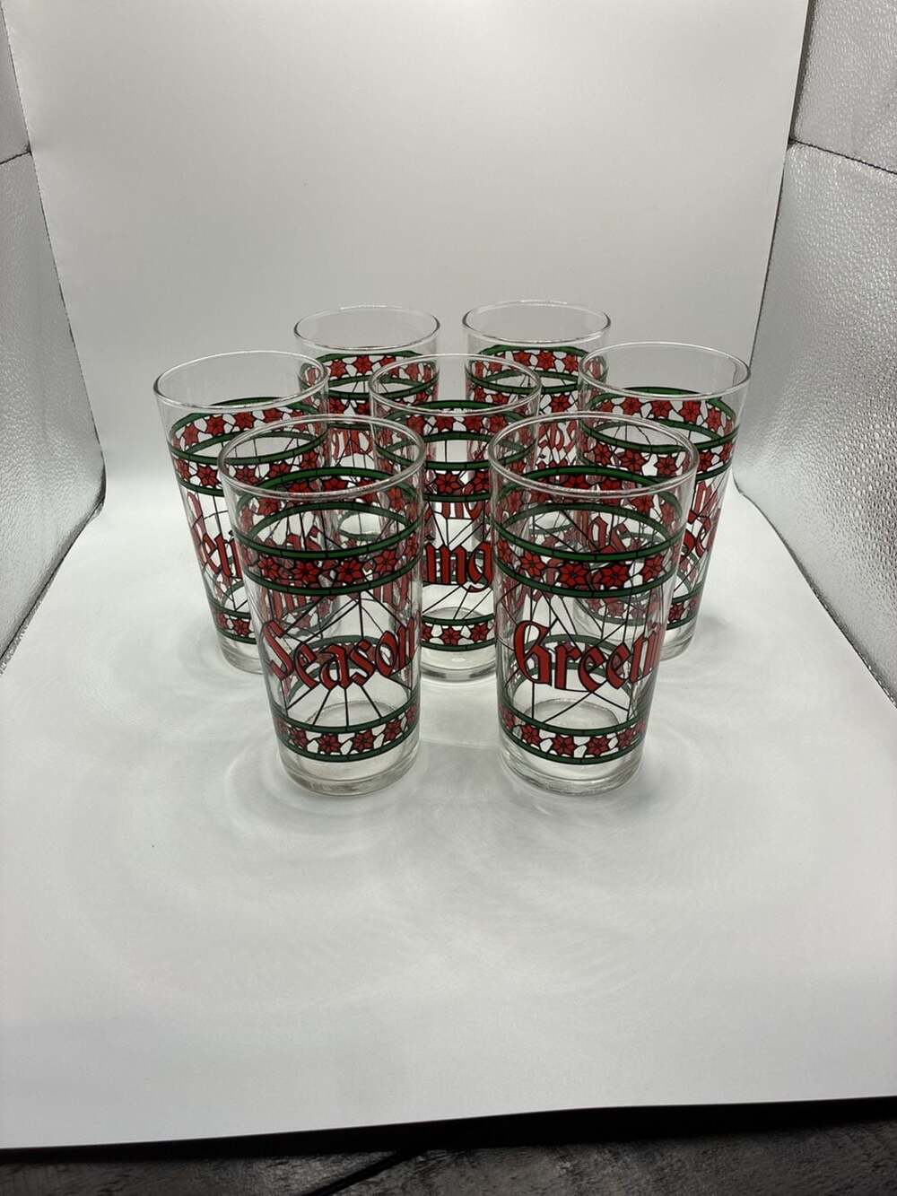 Houze Season's Greetings Stained Glass Christmas Drinking Glasses Set of 7